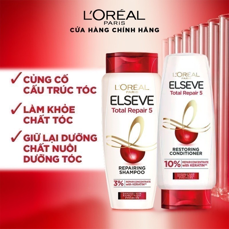 Bộ dầu gội 620ml và dầu xả phục hồi tóc hư tổn 280ml L'Oreal Paris Elseve Total Repair 5