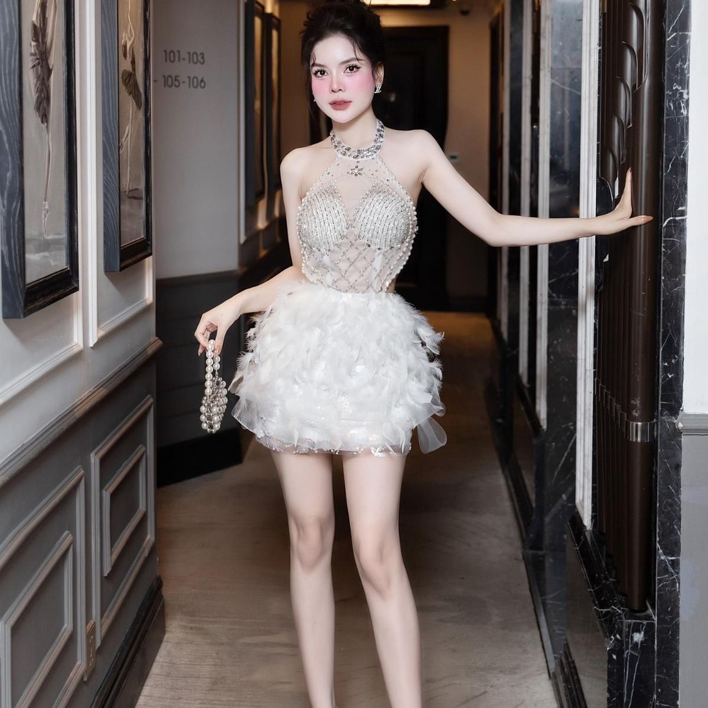 [KT CLOTHING] Đầm cổ yếm đính đá dễ thương sang trọng