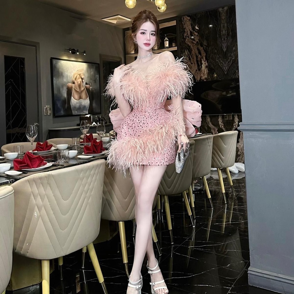 [KT CLOTHING] Đầm lông vũ đính nơ sau lưng siêu xinh