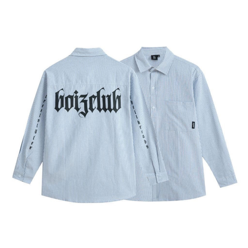 Áo Sơ Mi - Sơ Mi Kẻ Sọc Phối Họa Tiết In Chữ Boizclup From Rộng Unisex Nam Nữ Đều Mặc Được