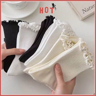 Tất vớ nữ cổ cao bèo nhún trắng đen basic dễ mix phối đồ, chất liệu cotton dệt kim thoáng khí - Hot Store