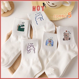 Tất cổ cao nữ set 5 đôi họa tiết cute, vớ nữ chất liệu vải cotton co giãn bốn chiều - Hot Store