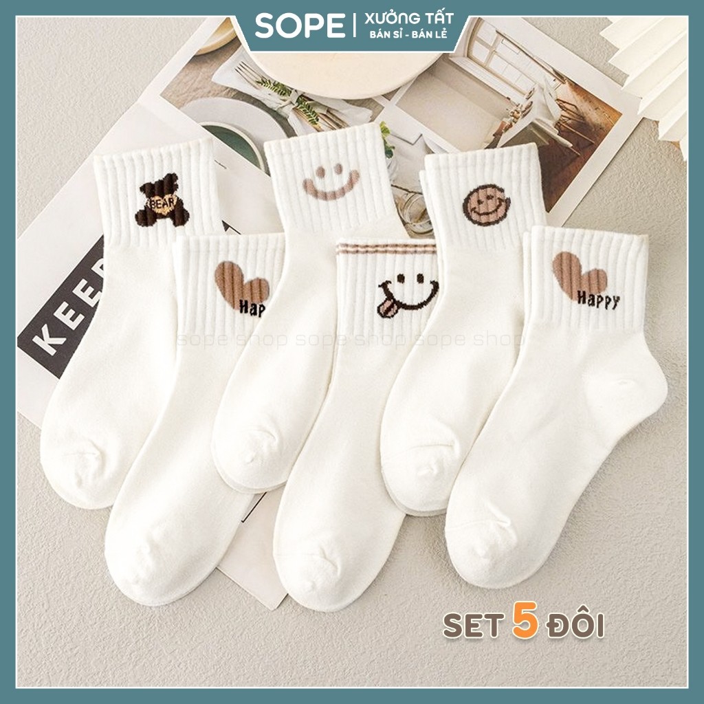 Tất nữ set 5 đôi phong cách Hàn Quốc, chất liệu cotton co giãn thoáng khí - Sope Shop