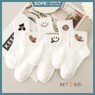 Tất nữ set 5 đôi phong cách Hàn Quốc, chất liệu cotton co giãn thoáng khí - Sope Shop