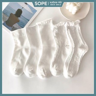 Tất vớ trắng nữ cổ cao chất liệu vải Hàn co giãn bốn chiều phong cách Vintage Hàn Quốc - Sope Shop
