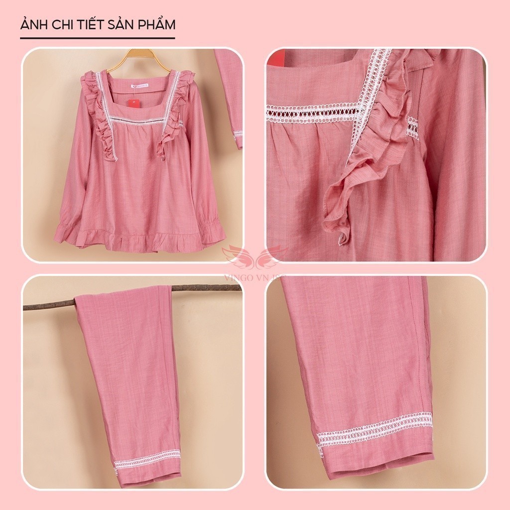 Đồ bộ mặc nhà Pijama đũi VINGO tay dài quần dài dáng babydoll phối viền bèo dễ thương H893 VNGO