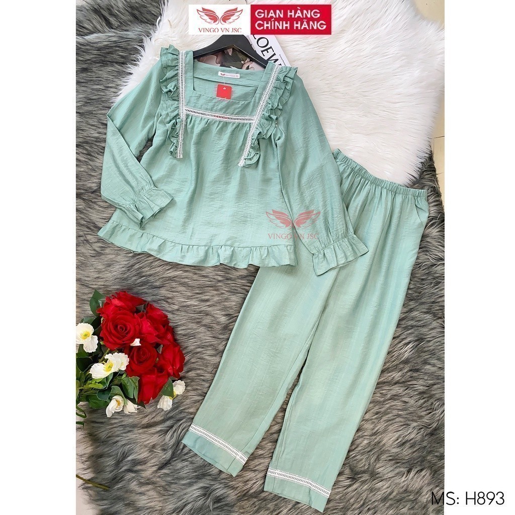 Đồ bộ mặc nhà Pijama đũi VINGO tay dài quần dài dáng babydoll phối viền bèo dễ thương H893 VNGO