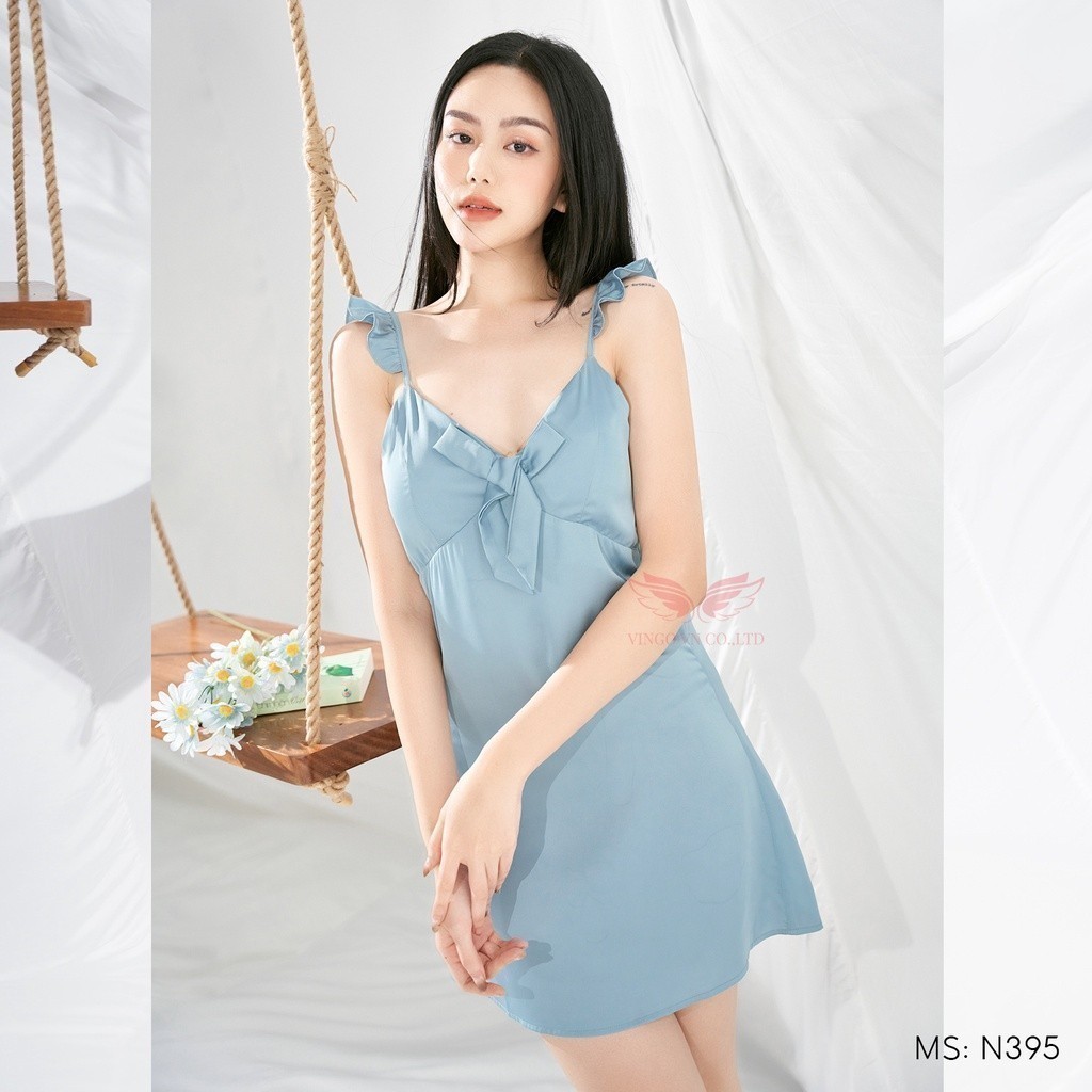 Váy ngủ hai dây mặc nhà lụa cao cấp mùa hè VINGO thiết kế 2 dây có mút ngực màu xanh pastel quyến rũ N395 VNGO