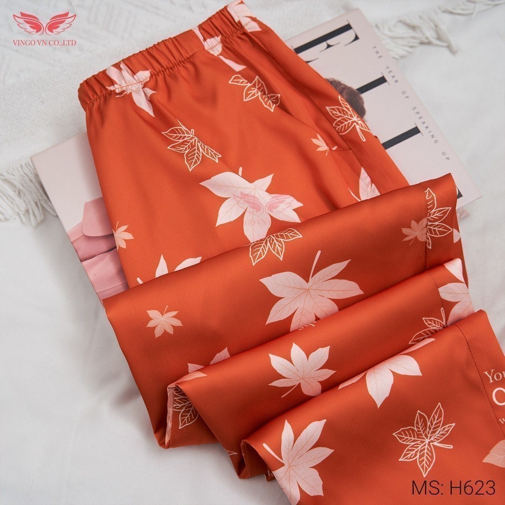 Đồ bộ mặc nhà Pijama lụa mặc nhà cao cấp VINGO tay dài quần dài Thu Đông hoạ tiết lá cam H623 VNGO