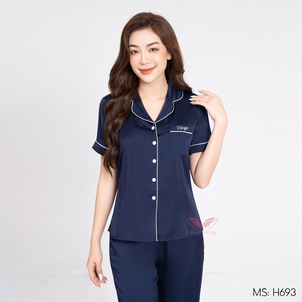 Pijama lụa trơn bộ đồ ngủ mặc nhà cao cấp mùa Hè VINGO tay ngắn quần lửng dáng trơn H693 VNGO