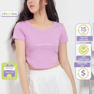 Áo croptop nữ Choobe cổ tròn kiểu đuôi tôm dáng lửng ôm body hoạ tiết in chữ phong cách năng động vải co giãn A57