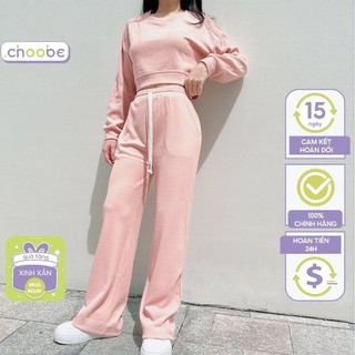 Set đồ nữ Choobe bộ thu đông quần áo dài tay vải len tăm dài tay kèm quần ống rộng Q75 + A106