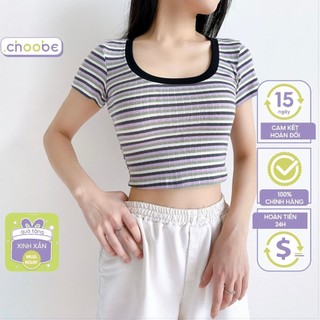 Áo phông nữ Choobe cổ tròn sâu cộc tay form đẹp thun trơn co giãn tốt phong cách kẻ sọc A101