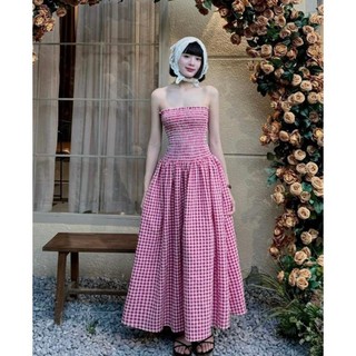 Maxi ống caro smocking thân kèm tuban viền ren