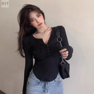 Áo Thun vạt bầu dài tay cúc cổ chất bozip, thiết kế thời trang phong cách Hàn Quốc -DVGIT