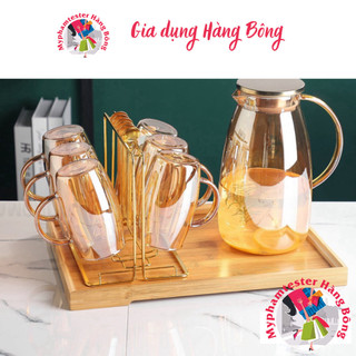 Bộ bình 6 cốc thuỷ tinh ánh trai chịu nhiệt borosilicate | bộ cốc bình thuỷ tinh 7 màu pha lê đại dương , gia dụng decor