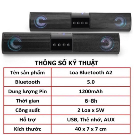 Loa bluetooth Speaker A2 kiểu dáng dài 2 loa kết hợp,loa không dây âm thanh bass căng hỗ trợ nhiều cổng thích hợp decor | BigBuy360 - bigbuy360.vn