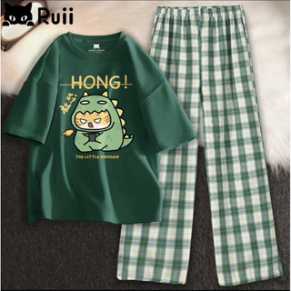 Sét áo phông Khủng long Hong  Và  quần karo xanh, hất đẹp không xù, quần suông ống rộng, Sét bộ mặc ở nhà -DT
