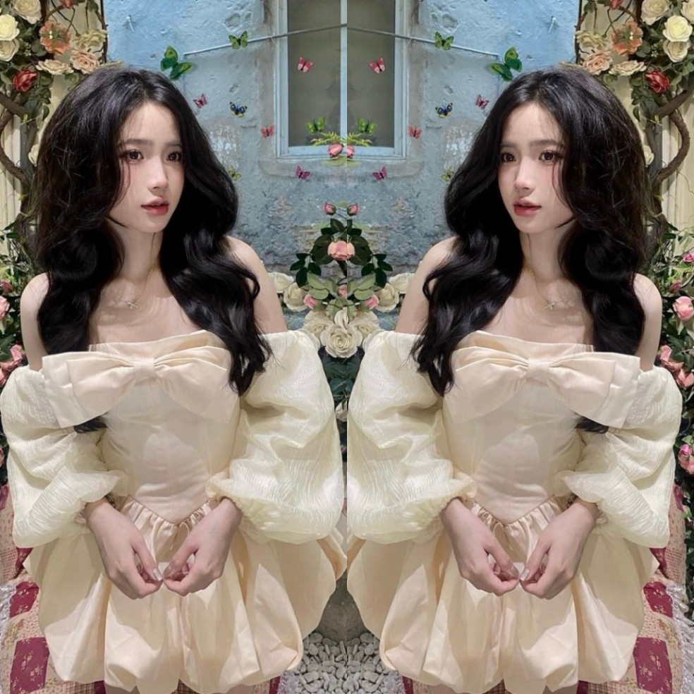 Váy Nơ Cúp Ngực Tay Phồng Moon's Store, Váy Nơ Cúp Ngực Tay Phồng Tiểu Thư Phù Hợp Đi Tiệc, Sự Kiện.