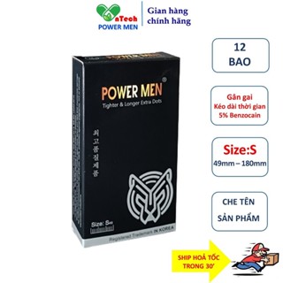 Bao cao su POWER MEN Gân gai size nhỏ 49mm chứa 5% Benzocain kéo dài thời gian kiểu dáng 3D ôm khít hộp 03 và 12 bcs