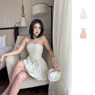 Đầm Ngắn Strapless Ruffle Lower, Chất Vải Tơ Thêu Thoải Mái, WDN047, SOMEHOW