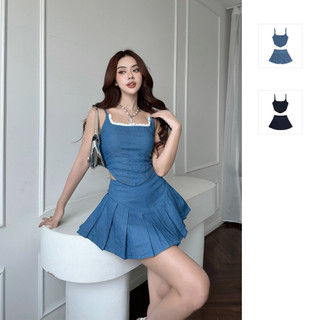 Set nữ crop string top skirt denim, chất vải denim thoải mái, wsb049, somehow
