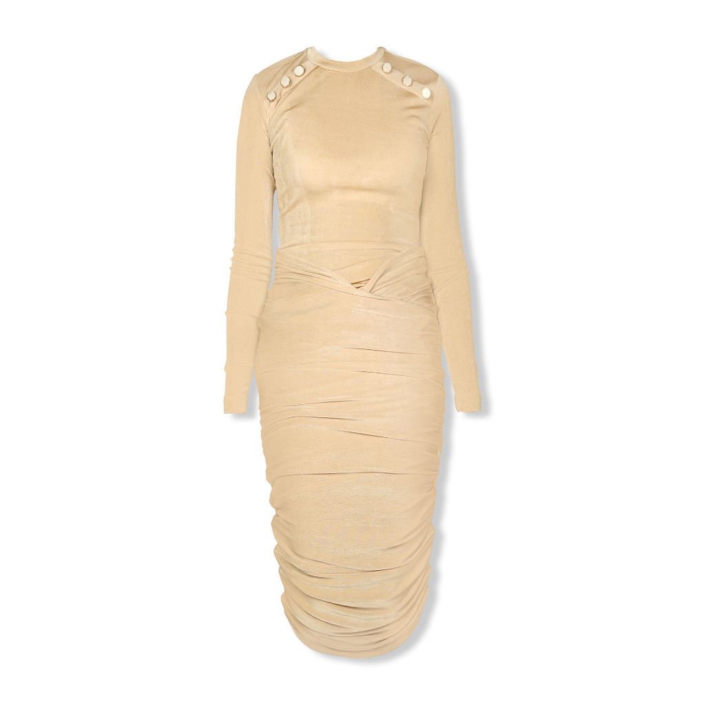 Đầm Nữ Ngắn Long Sleeve Buttons Shoulder, Chất Vải Thun Ánh Kim, WDN032, SOMEHOW