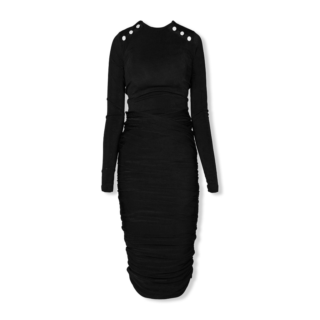 Đầm Nữ Ngắn Long Sleeve Buttons Shoulder, Chất Vải Thun Ánh Kim, WDN032, SOMEHOW