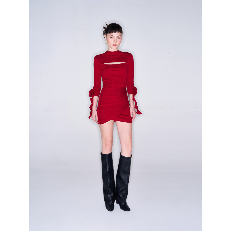 COCO SIN - Đầm Thun Gân Đỏ Đính Hoa