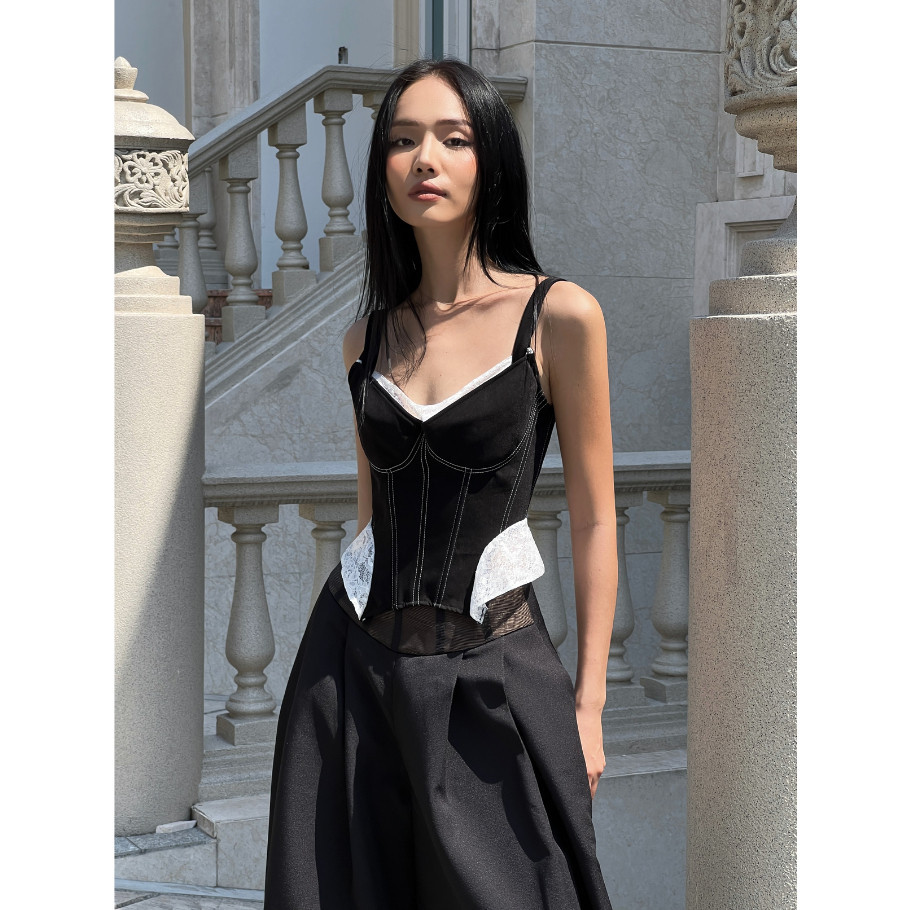 COCO SIN - Áo Corset Nhung Đen Phối Ren