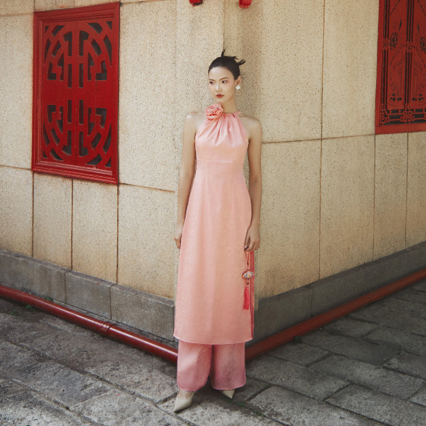COCO SIN - Set Áo Dài Lụa Gấm Hồng Nude
