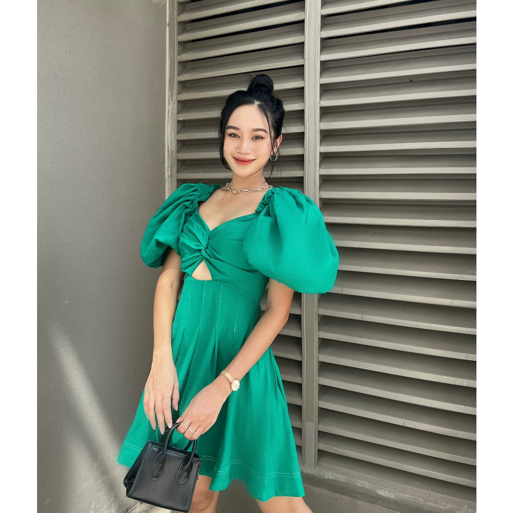 COCO SIN - Đầm Xanh Tay Phồng Cut Out