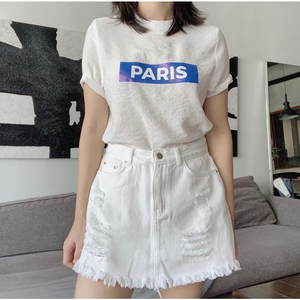 COCOSIN - Áo Lụa Trắng In Paris Xanh