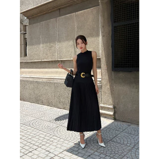 COCO SIN - Váy Midi Đen Dập Ly