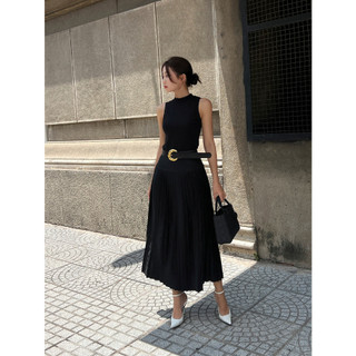 COCO SIN - Váy Midi Đen Dập Ly