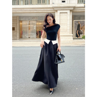 Coco sin - váy đen midi phối trắng