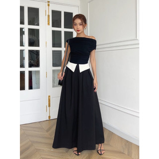 COCO SIN - Váy Đen Midi Phối Trắng