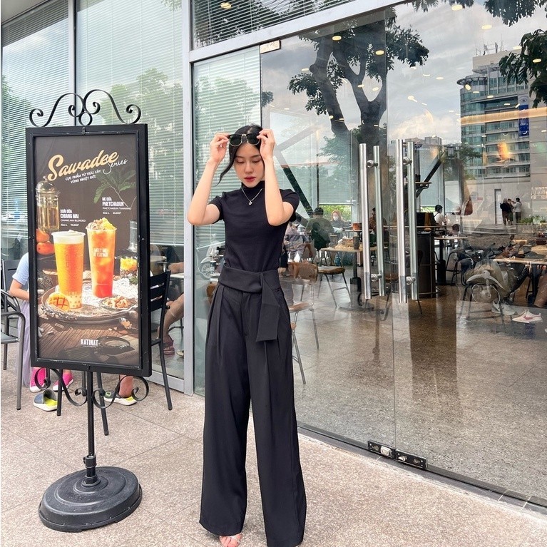 COCO SIN - Quần Đen Ống Rộng Phối Belt