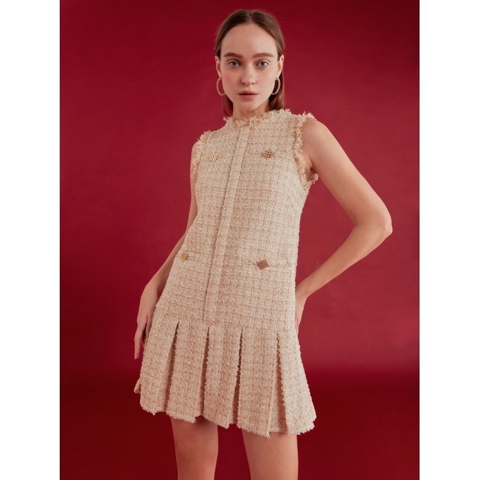 COCO SIN - Đầm Tweed Gold Đính Nút