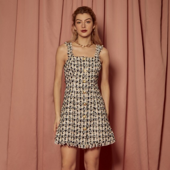 COCO SIN - Đầm Tweed 2 Dây Xé Tưa