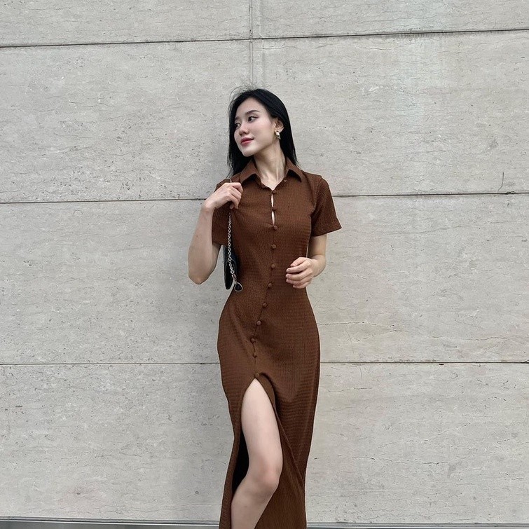 COCO SIN - Đầm Thun Nâu Xẻ Đùi