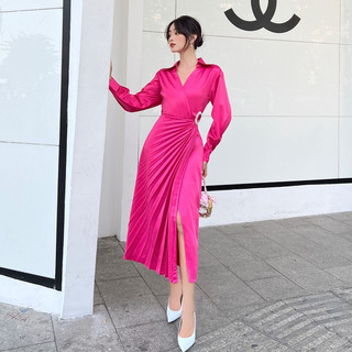 COCO SIN - Đầm Sơ Mi Phi Lụa Hồng Đính Đá