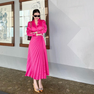 COCO SIN - Đầm Sơ Mi Phi Lụa Hồng Đính Đá