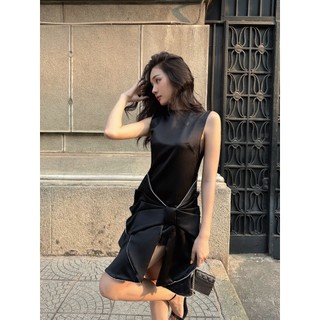 COCO SIN - Đầm Phi Lụa Đen Nơ Đính Đá