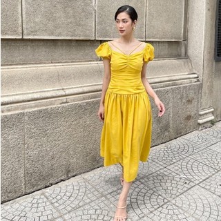 COCO SIN - Đầm Midi Linen Vàng