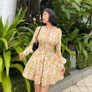 Coco sin - đầm hoa vàng cổ v nhún ngực