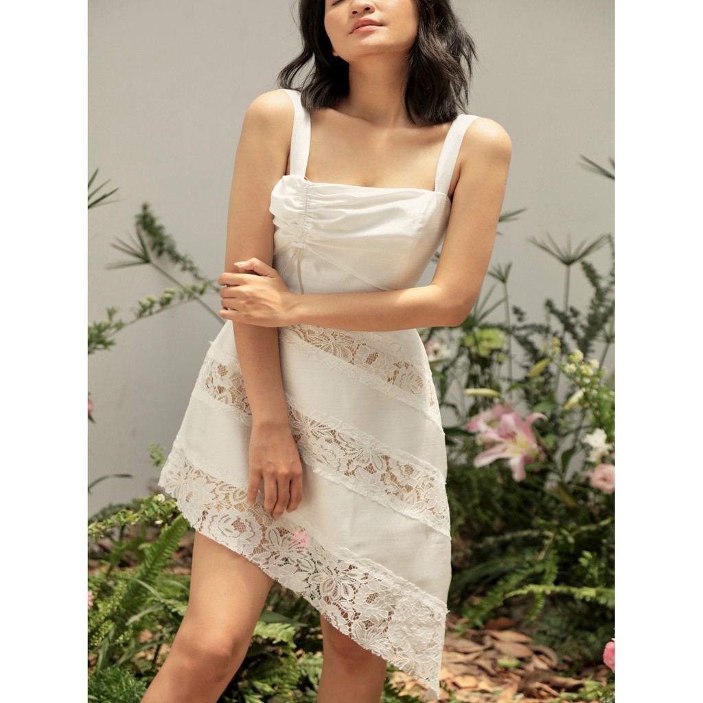 COCO SIN - Đầm 2 Dây Trắng Phối Ren