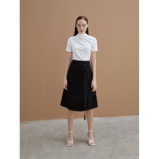 COCO SIN - Chân Váy Midi Đen Viền Chỉ Thắt Dây