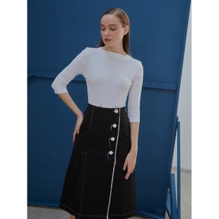 COCO SIN - Chân Váy Midi Đen Xẻ Phối Trắng