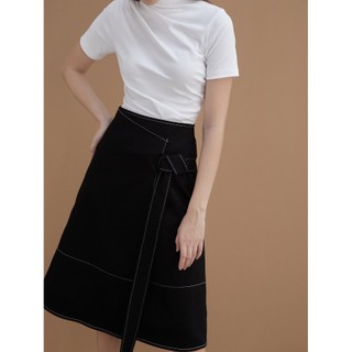 COCO SIN - Chân Váy Midi Đen Viền Chỉ Thắt Dây